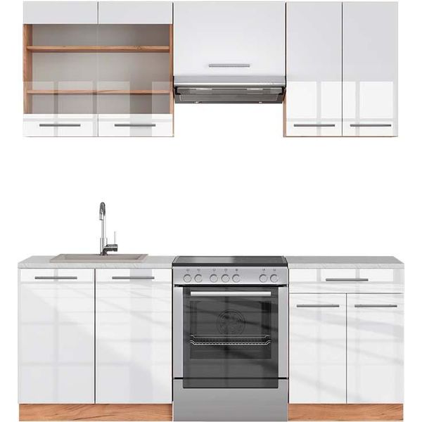 Vicco Cucina Componibile Fame-Line, 200 Cm , Pt Marmo, Bianco Lucido/Oro Power Oak-image