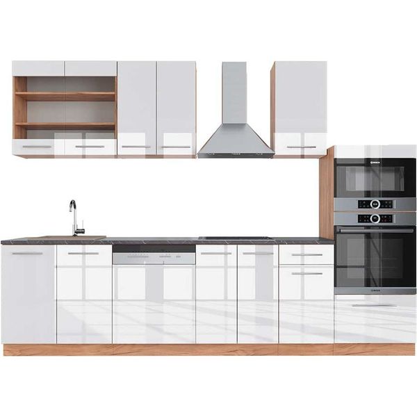 Vicco Cucina Componibile Fame-Line, 300 Cm Con Armadio Alto, Pt Antracite, Bianco Lucido/Oro Power Oak-image