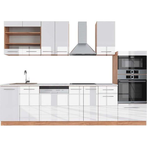 Vicco Cucina Componibile Fame-Line, 300 Cm Con Armadio Alto, Pt Marmo, Bianco Lucido/Oro Power Oak-image