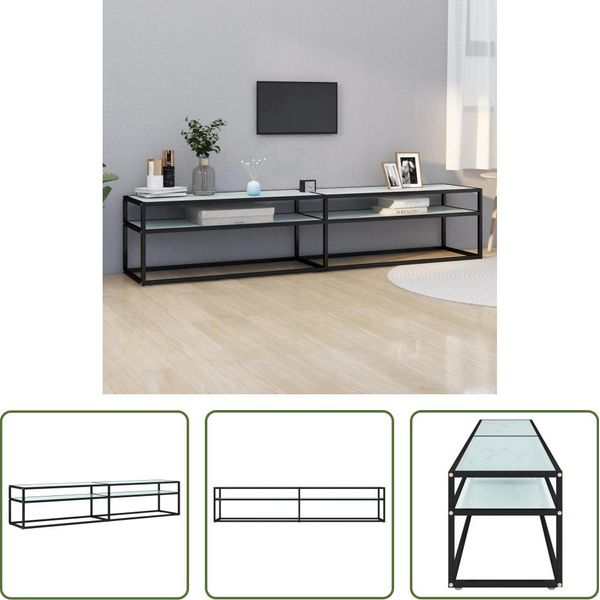 The Living Store Mobile Tv Bianco Effetto Marmo 200X40X40,5 Cm Vetro Temperato-image