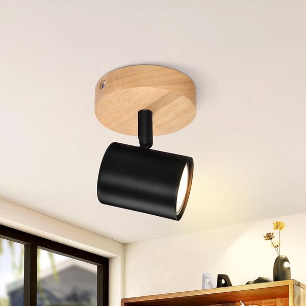 Zmh Led Faretto Da Soffitto 1 Fiamma Nera Plafoniera GU10 Faretto Orientabile Da Parete Faretto Da Parete In Legno Per Camera Da Letto Corridoio Cucina Senza Lampadine-image