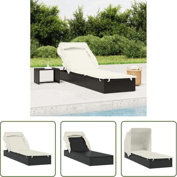 The Living Store Lettino Con Tetto Pieghevole Nero 213X63X97 Cm In Poly Rattan-image