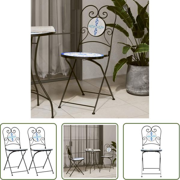The Living Store Sedie Da Bistrot 2 Pz. Pieghevoli In Ceramica Bianca E Blu-image