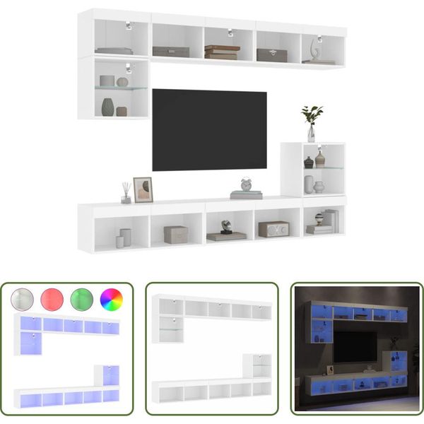 The Living Store Parete Attrezzata A 8 Pezzi Con Illuminazione A Led In Legno Bianco-image