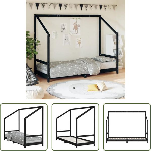The Living Store Letto Per Bambini Nero 80X200 Cm In Legno Di Pino Massiccio-image