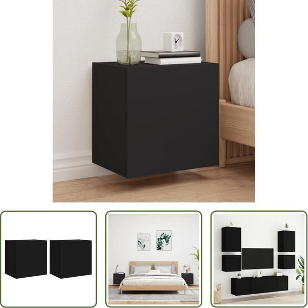The Living Store Pareti Tv 2 Pezzi Nero 40,5X30X40 Cm Materiale Legno-image