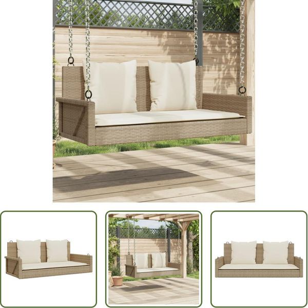 The Living Store Panca Sospesa Con Cuscini Beige 119X56X48 Cm Poly Rattan-image