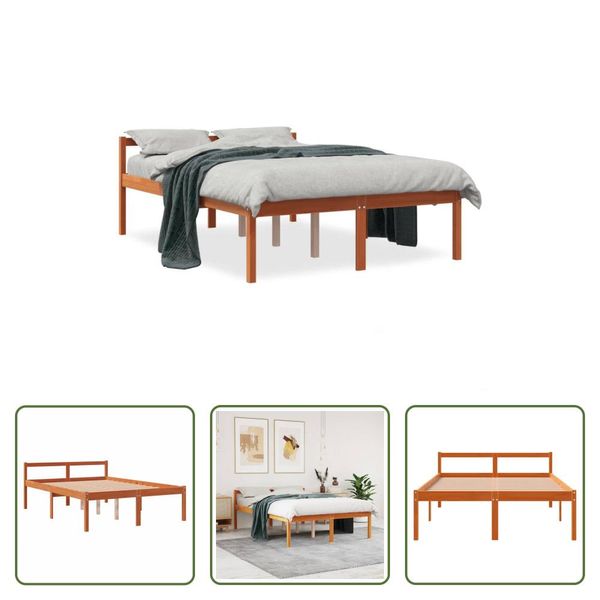 The Living Store Letto Senior Cera Marrone 140X190 Cm In Legno Di Pino Massiccio-image
