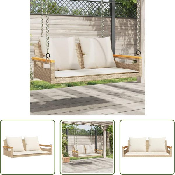 The Living Store Panca Sospesa Con Cuscini Beige 109X62X40 Cm Poly Rattan-image