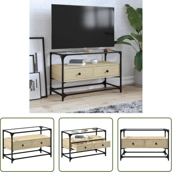 The Living Store Mobile Tv Con Piano In Vetro Rovere Sonoma 80X35X51Cm Materiale In Legno-image