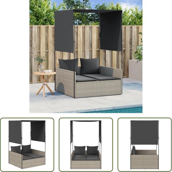 The Living Store Lettino Doppio Con Tetto E Tende Poli Rattan Grigio Chiaro-image