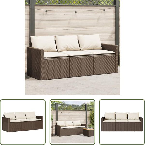 The Living Store Divano Da Giardino Con Cuscini 3 Posti In Poly Rattan Marrone-image