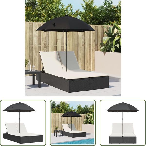 The Living Store Lettino Doppio Con Cuscino E Ombrellone In Poly Rattan Nero-image
