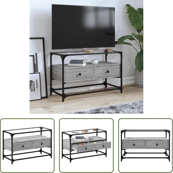 The Living Store Mobile Tv Con Piano In Vetro Grey Sonoma 80X35X51 Cm Materiale In Legno-image