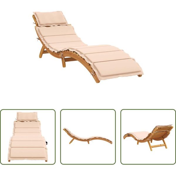 The Living Store Lettino Con Cuscino Beige In Legno Massiccio Di Acacia-image