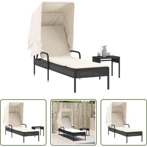 The Living Store Lettino Con Tetto E Tavolo In Poly Rattan Nero-image
