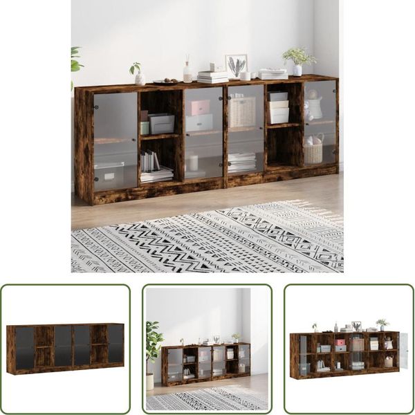 The Living Store Libreria Con Ante In Rovere Fumé 204X37X75 Cm Materiale In Legno-image