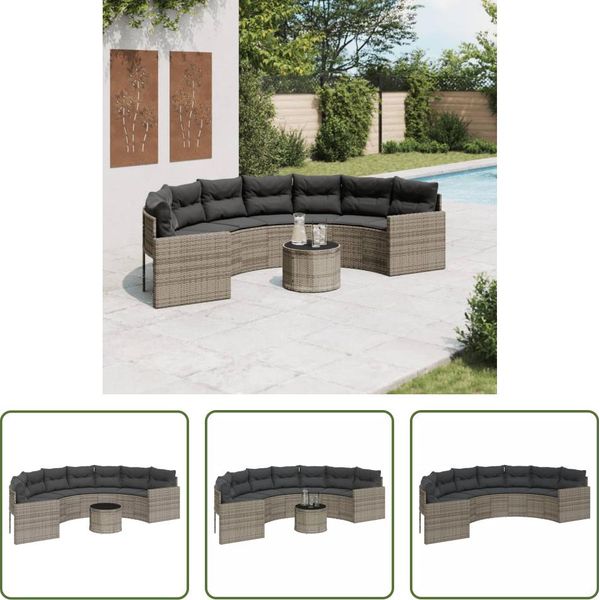 The Living Store Divano Da Giardino Con Tavolo E Cuscini Semirotondo In Poly Rattan Grigio-image