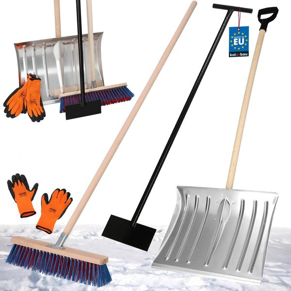 Kotarbau® Set Di Pale Da Neve Con Lama In Alluminio 39 X 50 Cm Scopa Stradale Con Manico 150 Cm Raschietto Per Ghiaccio 119 Cm + Guanti Pala Da Neve Sgombra Neve Pala Da Neve Manico In Legno Per Sgombero Neve-image