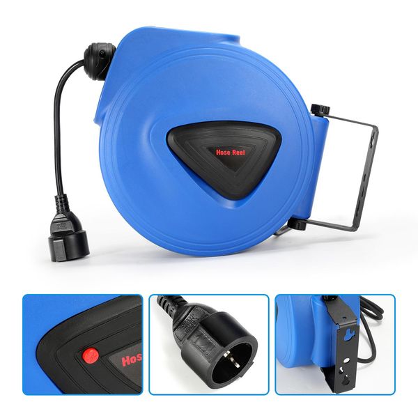 Jayseuw 20M Avvolgicavo Di Alimentazione Prolunga Cavo Presa Avvolgicavo Automatico Con Funzione Di Rincalzo Per Montaggio A Parete-image