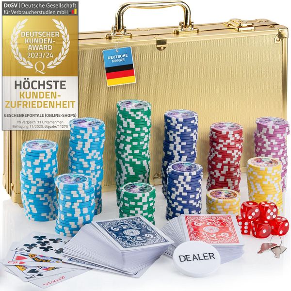 Set Da Poker Professionale Con Valigetta E 300-500 Fiches Pesanti Da 12 G Con Anima In Metallo; Mazzo Da Poker, Carte Da Poker, Dadi, Pulsante Del Mazziere - Colore: Oro 300 Fiches-image