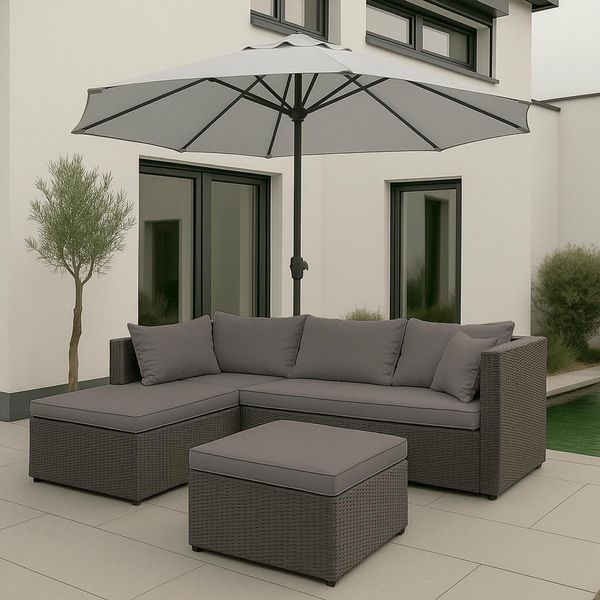 Set In Poly-Rattan HWC-O46, Set Da Balcone/Giardino/Lounge Gruppo Di Divani ~ Grigio Rivestimento Grigio Chiaro-image