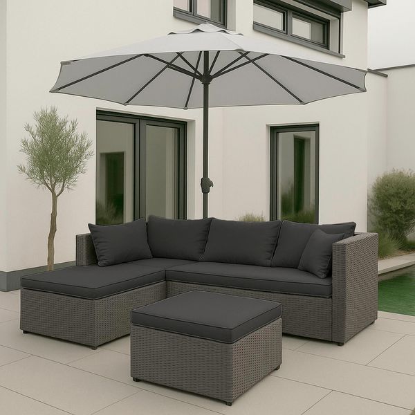 Set In Poly-Rattan HWC-O46, Set Da Balcone/Giardino/Lounge Gruppo Di Divani ~ Grigio Rivestimento Grigio Scuro-image