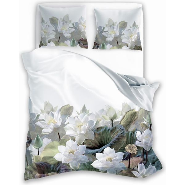 Biancheria Da Letto In Raso 160X200 Con Stampa Digitale Di Fiori Nobile E Verde Su Fondo Chiaro-image