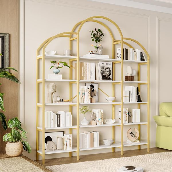 170X26X190Cm Scaffale In Stile Semplice, Tubolare D'acciaio E Mdf, 5 Ripiani, Design A Forma Di Nuvola, Facile Da Montare E Pulire, Oro + Bianco-image