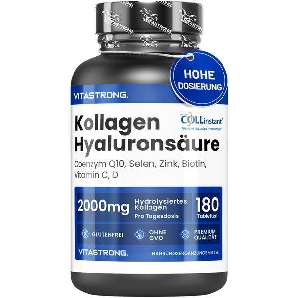 Acido Ialuronico Del Collagene Vitastrong - 2000 Mg - 180 Compresse - Coenzima Q10, Biotina, Vitamina C E D - Sostiene Pelle, Articolazioni, Capelli E Ossa-image