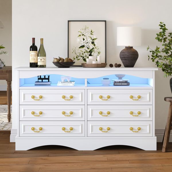 Credenza Merax 120×40×70 Cm, Mobile Bianco Con 6 Cassetti, Cassettiera Con Maniglie Dorate E Striscia Luminosa A Led, Spazio Di Archiviazione Per Soggiorno, Corridoio E Ufficio-image