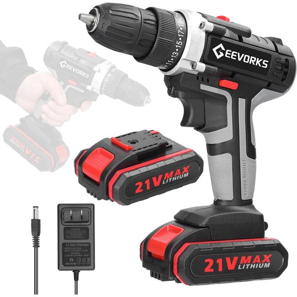 Trapano A Percussione A Batteria - 21V - Batteria Al Litio - Alte Prestazioni - Batteria Inclusa - Ricaricabile - Senza Fili - Rosso-image