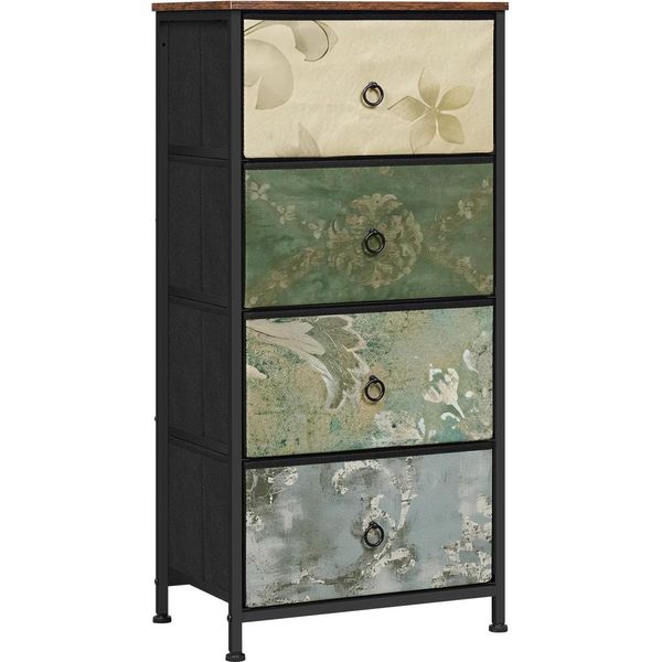 Cassettiera Stretta - Cassettiera A 4 Cassetti - Cassetti In Tessuto - Struttura In Metallo E Legno E1 - 45 X 94,5 X 30 Cm - Motivo Floreale - Verde Militare-image