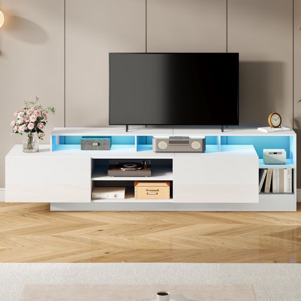 Mobile Tv Merax Con Led E Ante A Battente, Moderno Supporto Tv Con Spazio Di Archiviazione Aperto, Mobile Tv Basso Per Tv Fino A 70 Pollici, Look Legno + Bianco-image