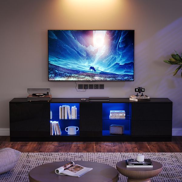 Mobile Tv Merax Con Illuminazione Led Per 65 Pollici, Lavagna Tv In Pino Con 2 Cassetti, Lavagna Tv Moderna Con 1 Mobile, Nero Lucido-image