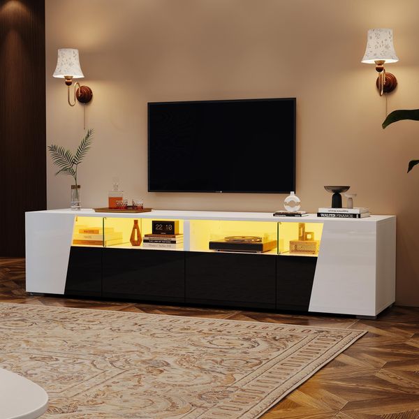 Mobile Tv Lucido Merax Con Illuminazione Led, Moderno Mobile Tv Con 2 Cassetti E 2 Ante, Supporto Tv Con Controllo Tramite App, Per Un Massimo Di 80 Pollici, Bianco-image