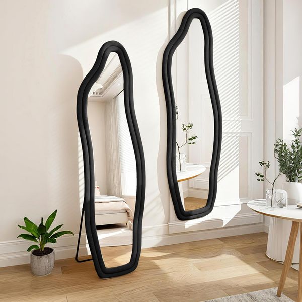 Fortuna Lai Specchio A Figura Intera 160 X 50 Cm, Specchio Da Appoggio A Forma Di Onda, Specchio Da Parete, Specchio Da Pavimento Per Camera Da Letto, Ingresso, Corridoio, Cornice In Legno Rivestita In Flanella - Nero-image