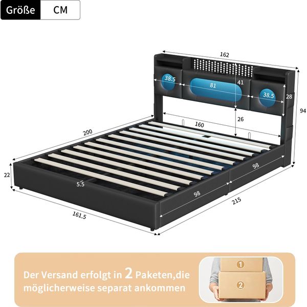 Letto Imbottito Fortuna Lai 160X200 Con Usb E Tipo C, Letto A Molle Con Rete A Doghe, Letto Per Ragazzi Con Led, Letto Contenitore Idraulico Letto Matrimoniale, Similcuoio, Nero-image