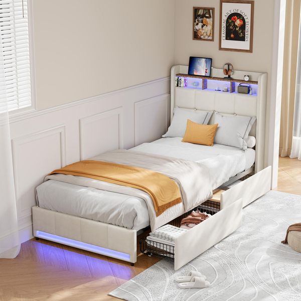 Letto Imbottito Fortuna Lai 90X200Cm Con Usb, Letto Per Ragazzi Letto Singolo Con Rete A Doghe E 2 Cassetti, Letto Contenitore Con Led, Lino, Beige-image