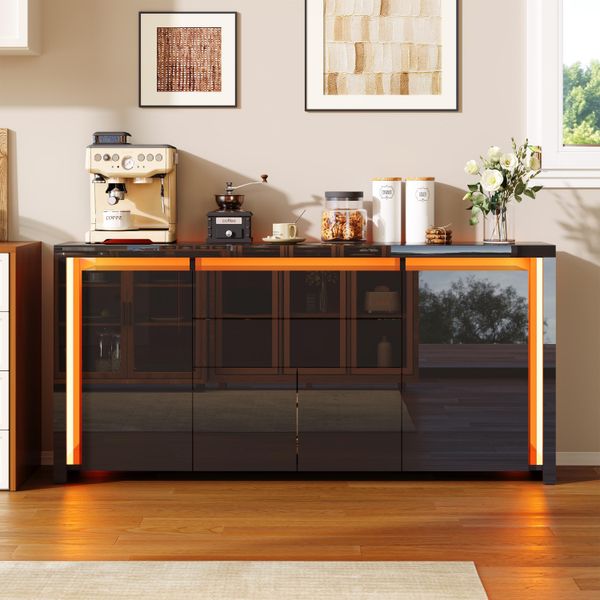 Credenza Fortuna Lai Nera Lucida Con Led, Mobile Tv, Cassettiera Con 4 Armadi E 2 Cassetti, 160X35X75 Cm, Vetrina, Nero-image