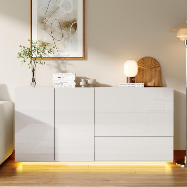 Credenza Fortuna Lai Nera Lucida Con Led, Mobile Tv, Cassettiera Con 2 Armadi E 3 Cassetti, 160X35X76 Cm, Vetrina, Bianco-image