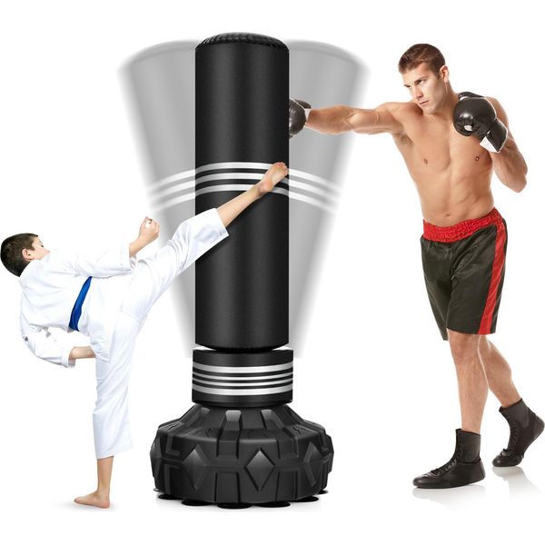 Costway Sacco Da Boxe In Piedi, Sacco Da Boxe Pesante Da 170 Cm Con Supporto Pieno, Sacco Da Boxe In Piedi In Pelle Artificiale Con Ventosa, Sacco Da Kickboxing, Allenatore Di Boxe-image