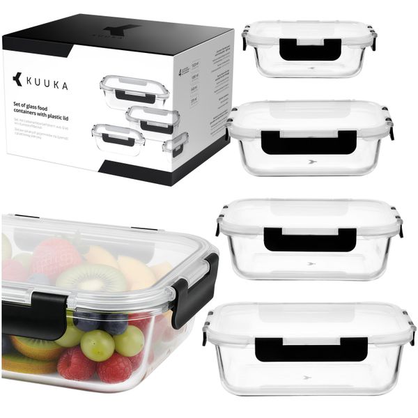 Set Di 4 Contenitori Per Alimenti In Vetro Con Coperchi In Plastica - 370 Ml, 640 Ml, 1050 Ml, 1520 Ml - Versatili E Senza Bpa-image