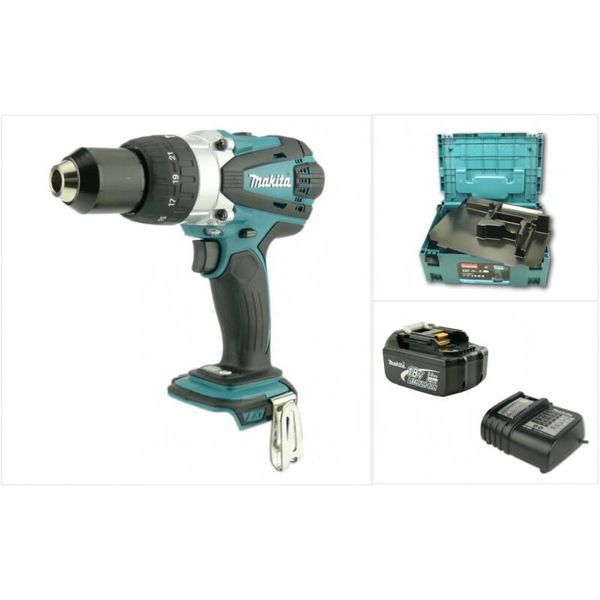 Makita Bhp 458 Rhj Trapano Avvitatore Con Percussione A Batteria 18V + 1X Batteria BL1830 B 3,0 Ah + Caricatore + Valigetta Makpac-image