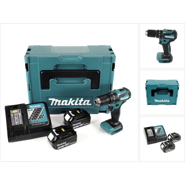 Makita Dhp 483 Rfj Trapano Avvitatore A Percussione Brushless A Batteria 18 V In Valigetta Makpac + 2X Batterie 3,0 Ah + Caricatore Rapido-image