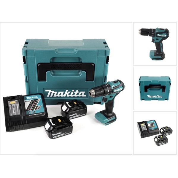 Makita Dhp 483 Rtj Trapano Avvitatore A Percussione Brushless A Batteria 18 V In Valigetta Makpac + 2X Batterie 5,0 Ah + Caricatore Rapido-image
