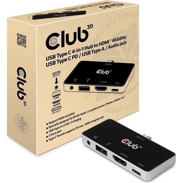 Club3D CLUB3D Hub Usb Di Tipo C 4 In 1 A Hdmi™ 4K60Hz Usb Di Tipo C Pd / Usb Di Tipo A / Presa Audio-image