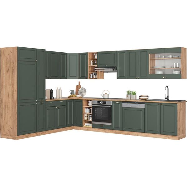 Vicco Cucina Angolare Completa Fame-Line, 257 X 347 Cm Senza Piano Di Lavoro, Quercia Verde-Oro Country/Oro Power-image