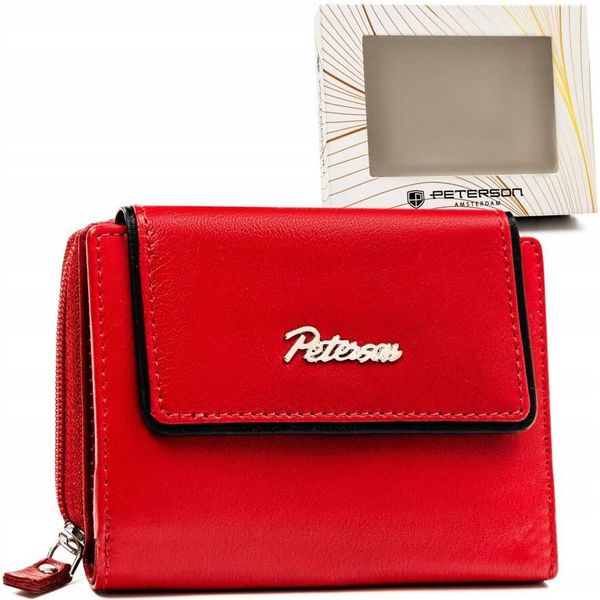 Peterson | Portafoglio Piccolo Da Donna, In Pelle Naturale, Con Bottoni A Pressione E Zip, Nero, Rosso, 13X11 Cm-image