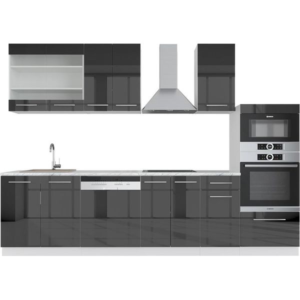 Vicco Cucina Componibile Fame-Line, 300 Cm Con Armadio Alto, Pt Marmo, Antracite Lucido/Bianco-image